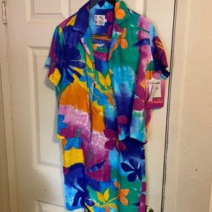 Vntg JAMS WORLD tissue flower design Dress & Camp Shirt Combo XS 100% rayon NWT